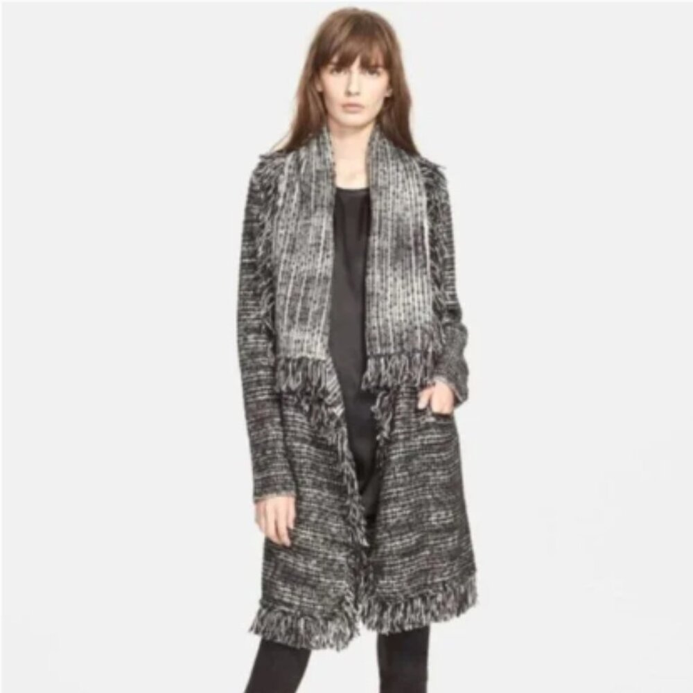 Vince Wool Frayed Edge Drape Front Cardigan - Black and White - Size S